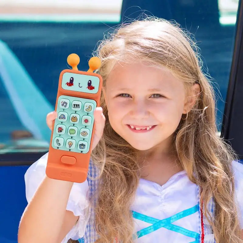 Baby teething phone toy with soft edges and musical buttons, perfect for infant development.