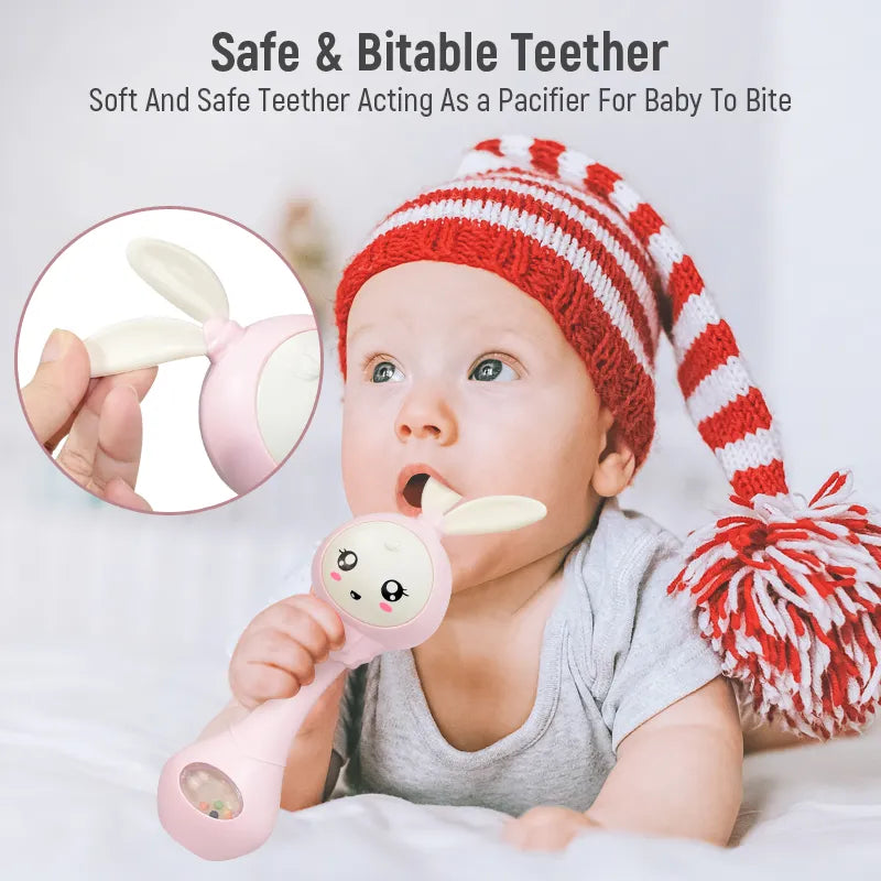 Ergonomic musical teether rattle, perfectly sized for baby's small hands
