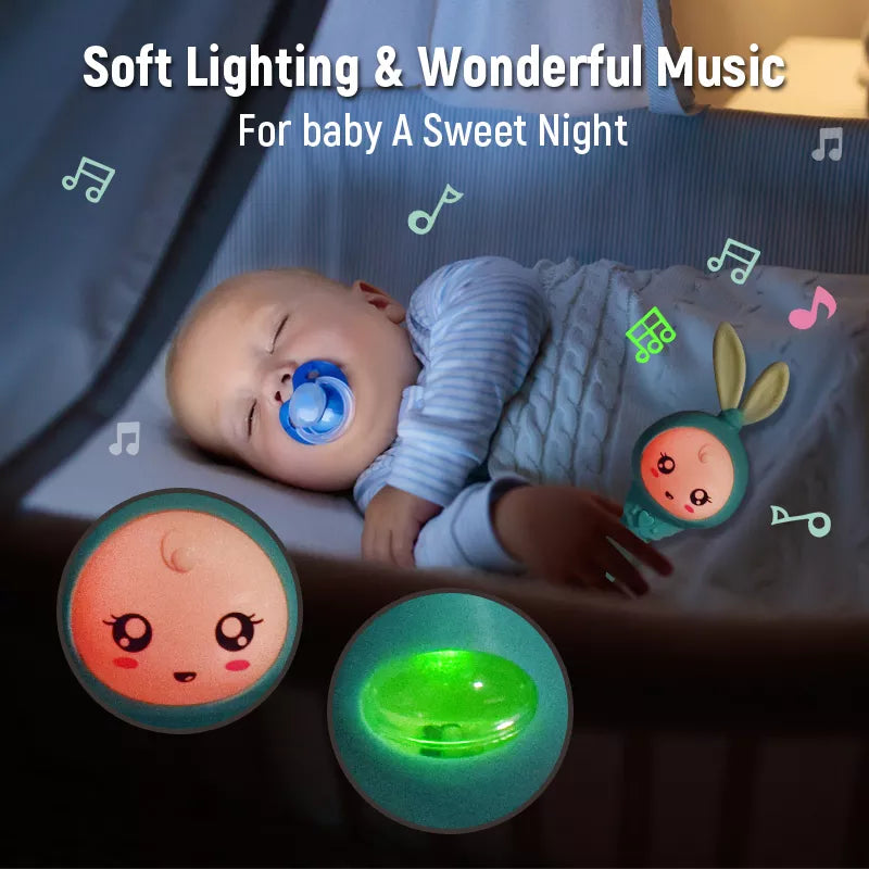 Multi-textured baby teether rattle with soothing melodies and vibrant patterns