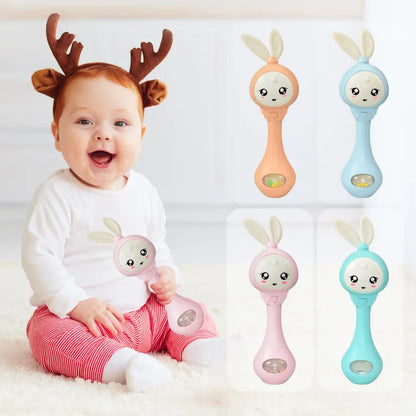 Infant musical teether rattle, crinkle fabric, and soft textures for motor skills