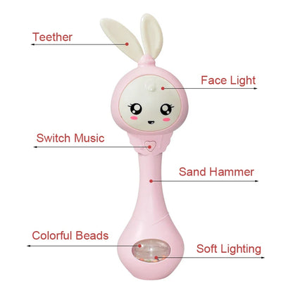 Developmental baby teether rattle with various shapes and melodies for stimulation