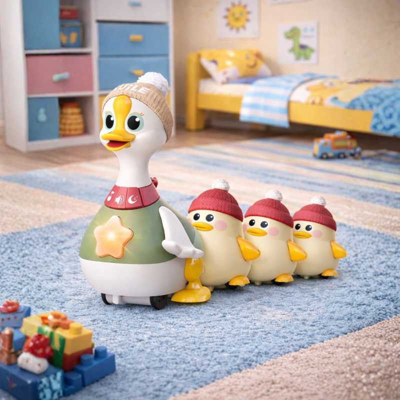 Baby musical waddle duck toy with vibrant lights, encouraging crawling and infant motor skills development.