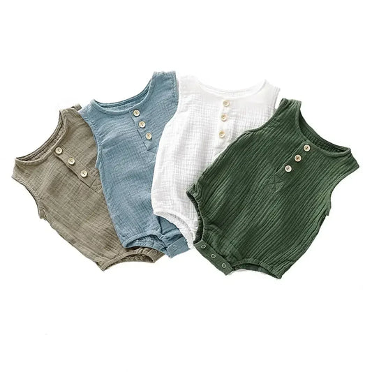 Baby muslin romper, sleeveless jumpsuit in natural cotton gauze, perfect for summer infant wear.