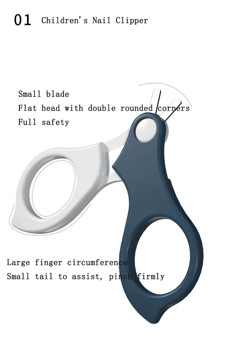 Blue baby nail care set with clippers, scissors, and file for infant hygiene.