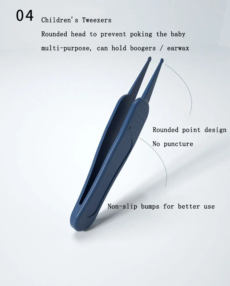 Hand holding baby nail clippers from the nail care set, demonstrating use for infants.