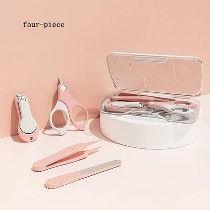 Baby grooming kit featuring safety scissors, clippers, and file, ideal for toddler hygiene.