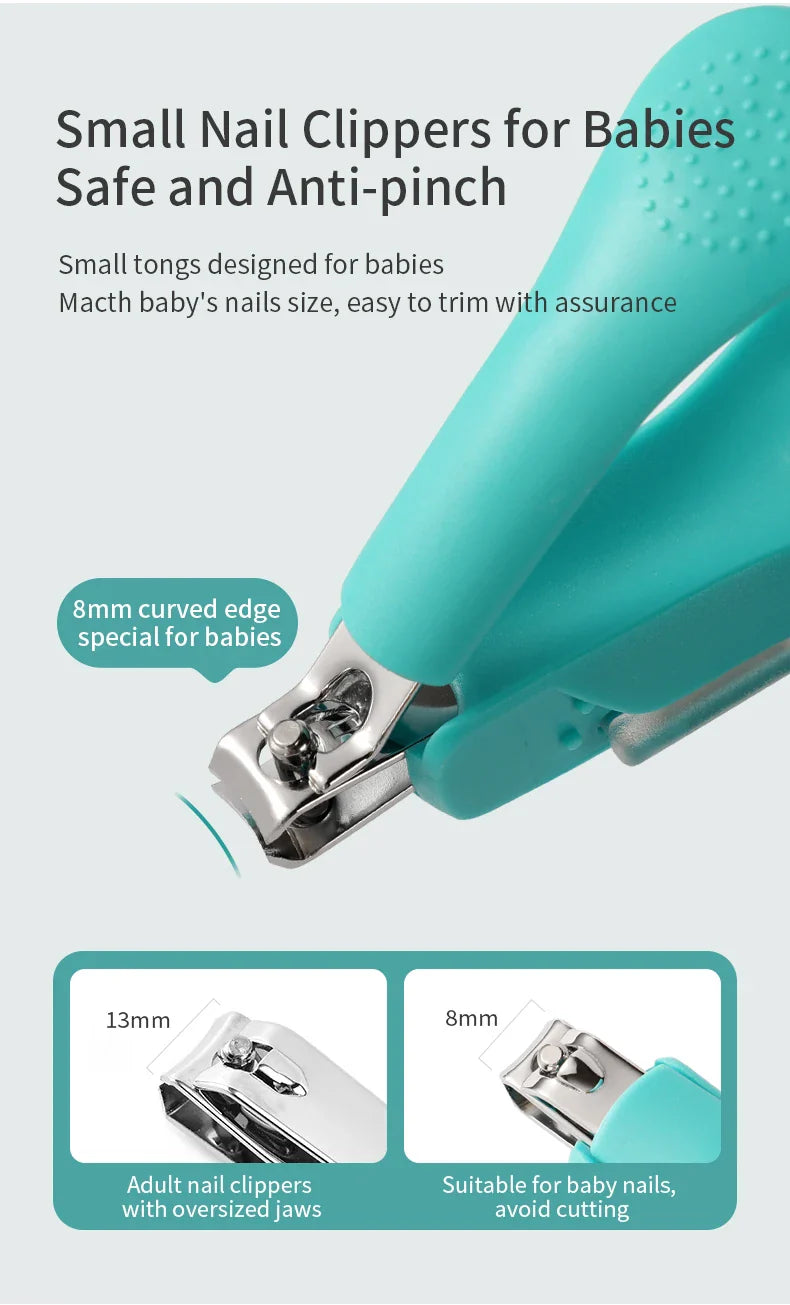 Detail shot of the magnifier on baby nail clippers, highlighting its clarity for infant grooming.
