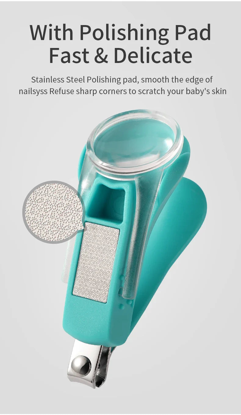 Compact baby nail clippers with a swivel magnifier, making infant nail trimming effortless and safe.
