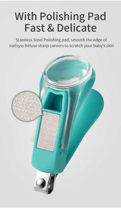 Compact baby nail clippers with a swivel magnifier, making infant nail trimming effortless and safe.