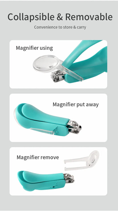 Green baby nail clippers with magnifier, ensuring parent peace of mind with safe infant grooming.