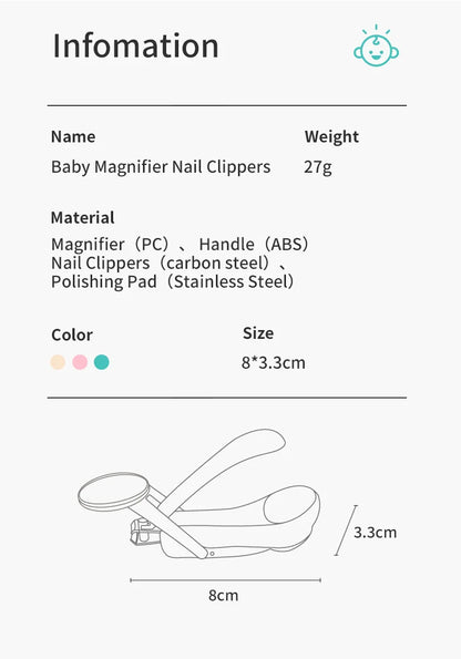 Essential baby hygiene tool: nail clippers with magnifier for gentle and effective infant grooming.