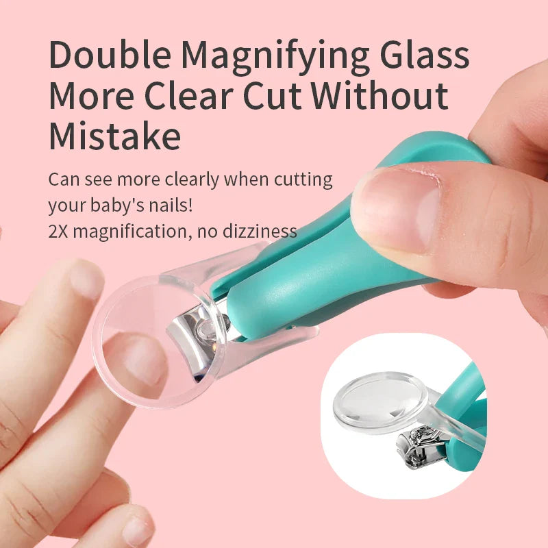 Infant grooming kit: baby nail clippers with a magnifying glass for easy, safe newborn nail trimming.