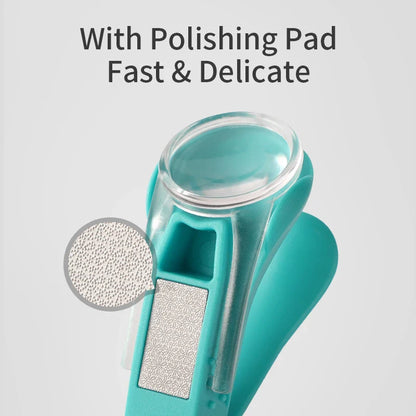 Baby nail clippers in a soft green with a built-in magnifier, essential for newborn hygiene.