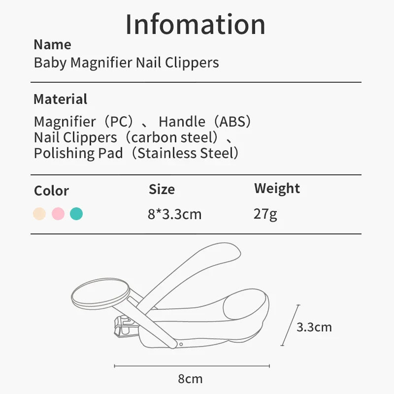 Ergonomic baby nail clippers with a large magnifier, ensuring parent peace of mind during infant grooming.