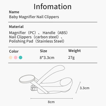 Ergonomic baby nail clippers with a large magnifier, ensuring parent peace of mind during infant grooming.
