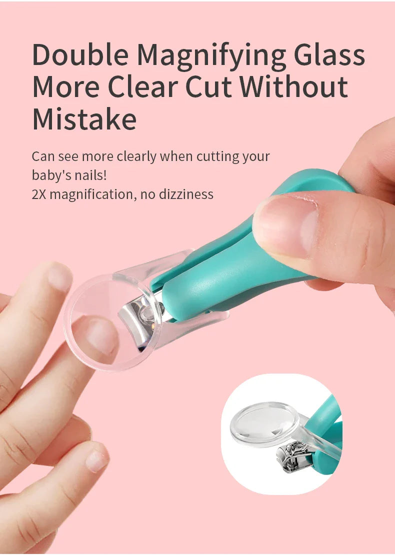 Pink baby nail clippers with illuminated magnifier for enhanced visibility during infant nail care.