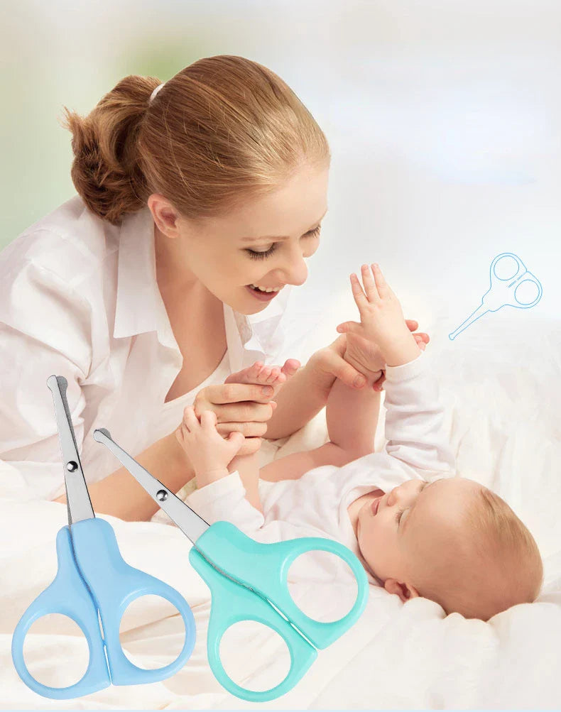Baby nail scissors with a transparent protective case, perfect for hygienic storage and travel.