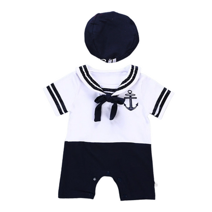 Baby navy captain cosplay jumpsuit for infants, a cute nautical outfit cotton romper perfect for dress-up