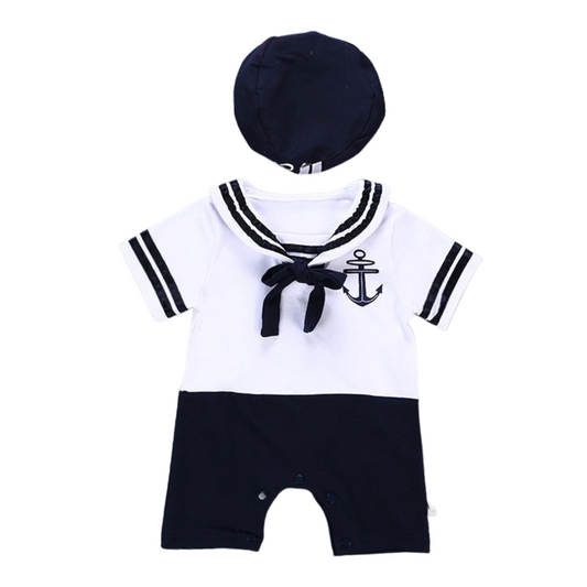 Baby navy captain cosplay jumpsuit for infants, a cute nautical outfit cotton romper perfect for dress-up
