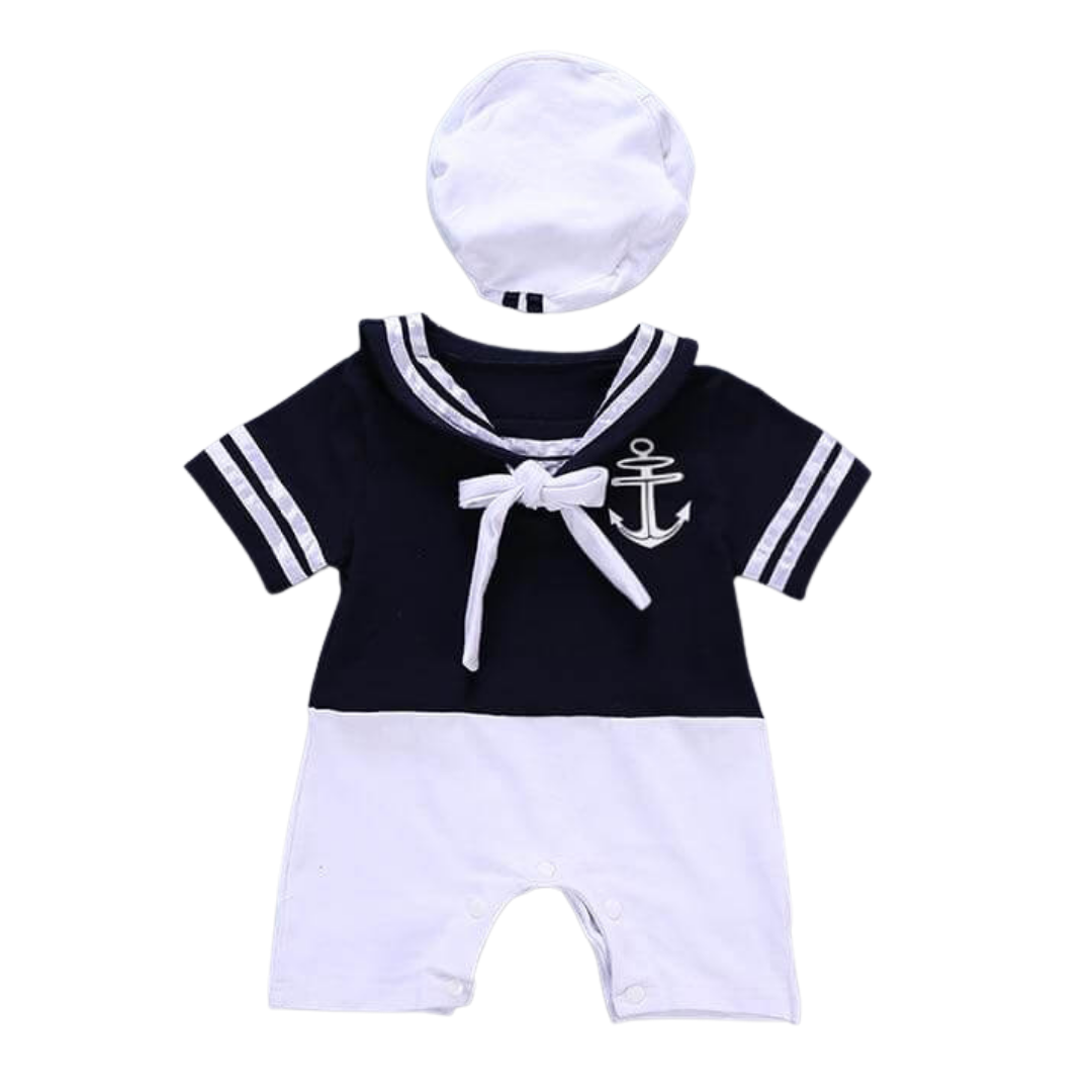 Infant unisex baby navy captain jumpsuit with gold details, a comfortable cotton romper for cosplay