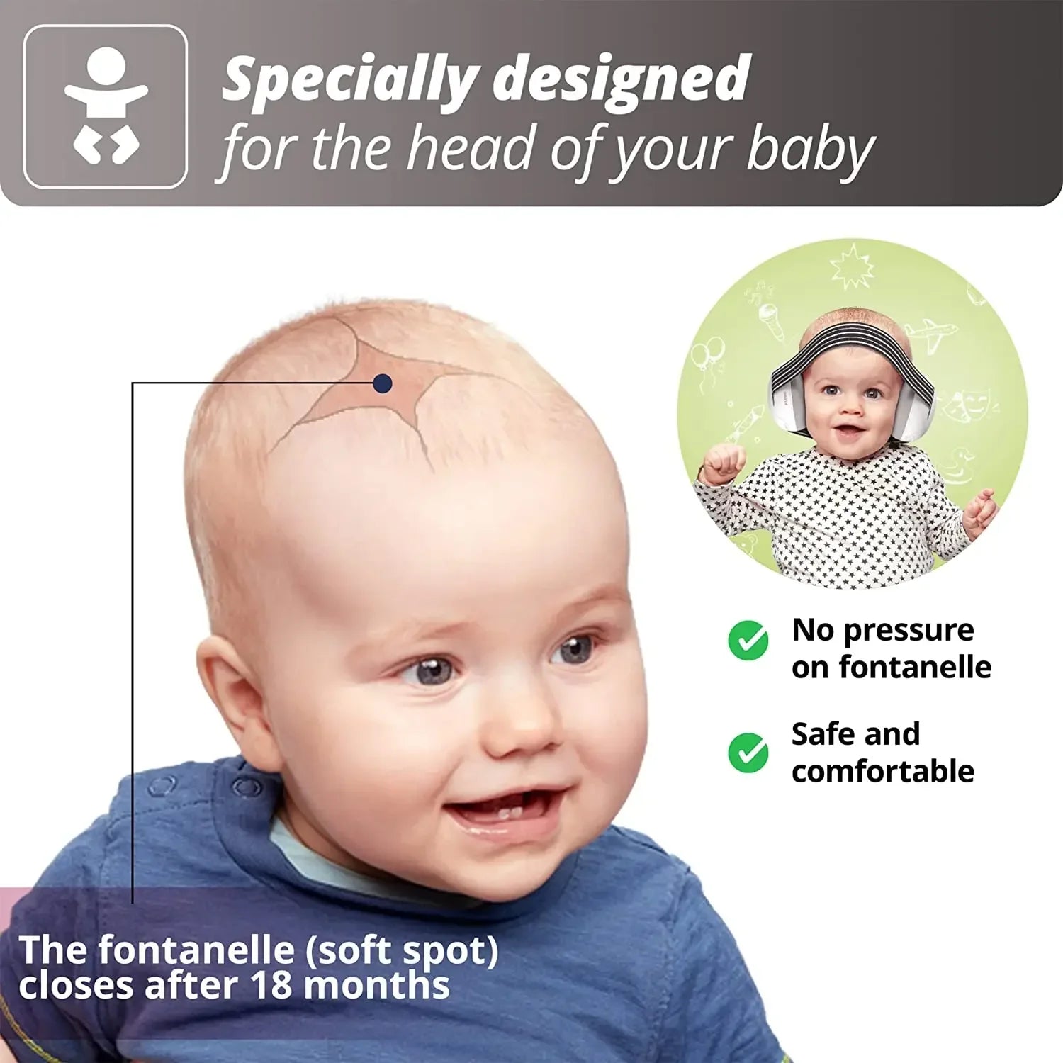 Packaging of baby noise protection earmuffs, illustrating key features and benefits for parents.