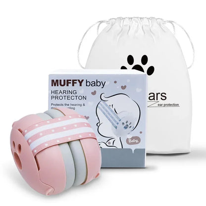 Group of colorful baby earmuffs: pink, blue, and white for infant sensory protection.