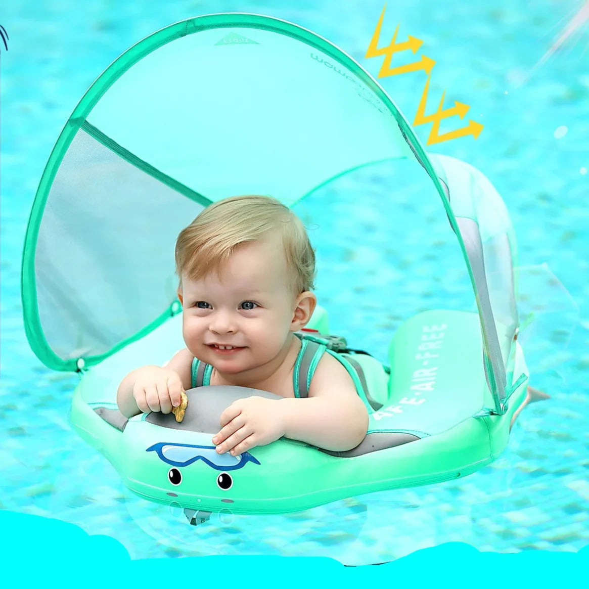 Baby non-inflatable swim float with blue canopy & 5-point harness for water safety