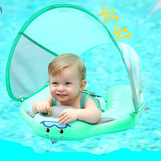 Baby non-inflatable swim float with blue canopy & 5-point harness for water safety