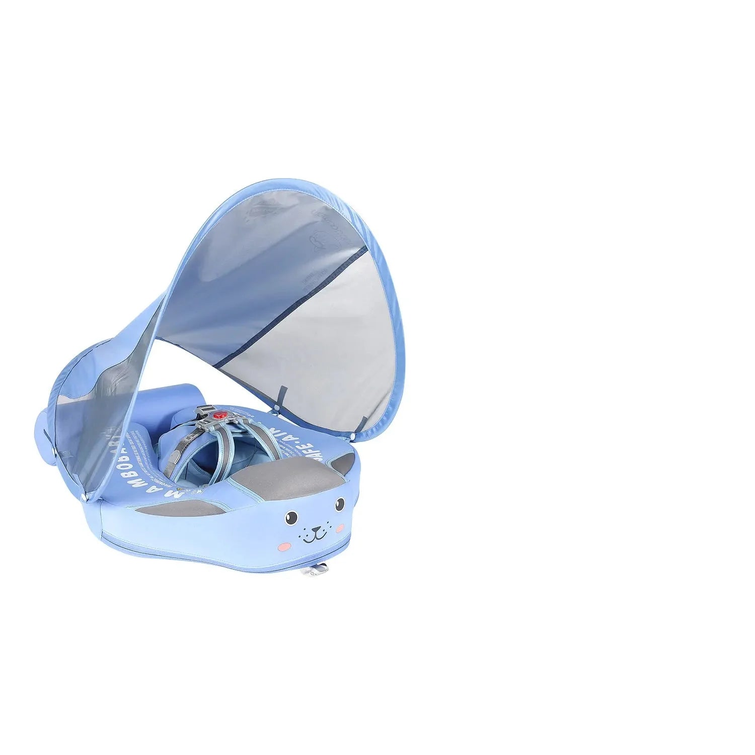 Side view of infant float with sun canopy, highlighting its stable, leak-proof build