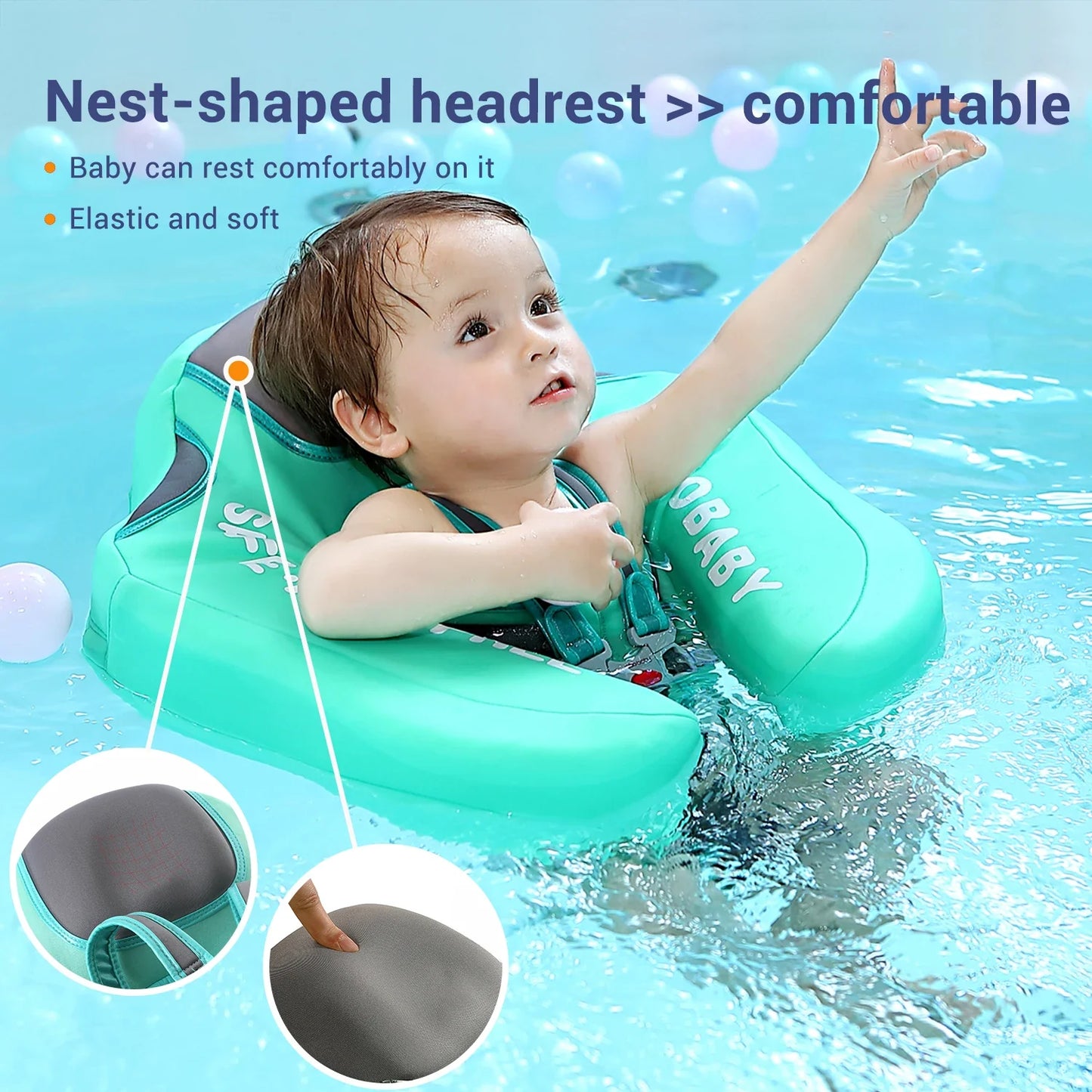Baby swim float showcasing secure 5-point harness for ultimate infant water safety