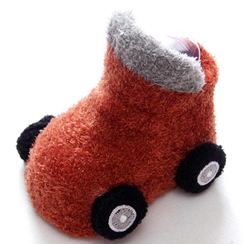 Anti-slip baby socks featuring adorable car designs, ensuring safety and style for young children