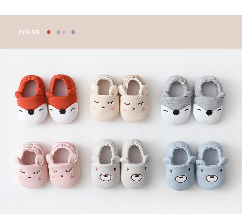 Baby non-slip indoor shoes, colorful dinosaur print, cotton material, secure buckle closure