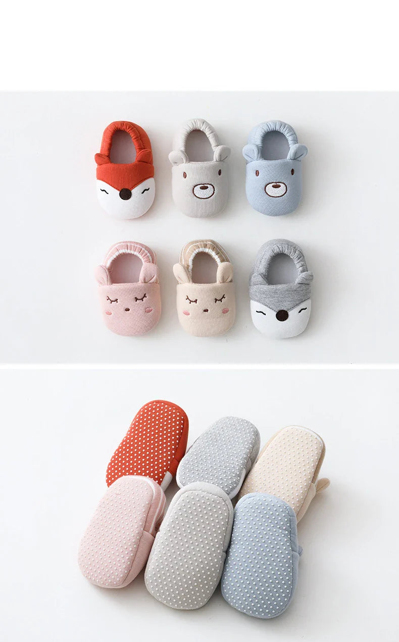 Toddler non-slip grippy shoes, playful deer animal print, soft cotton for comfortable movement