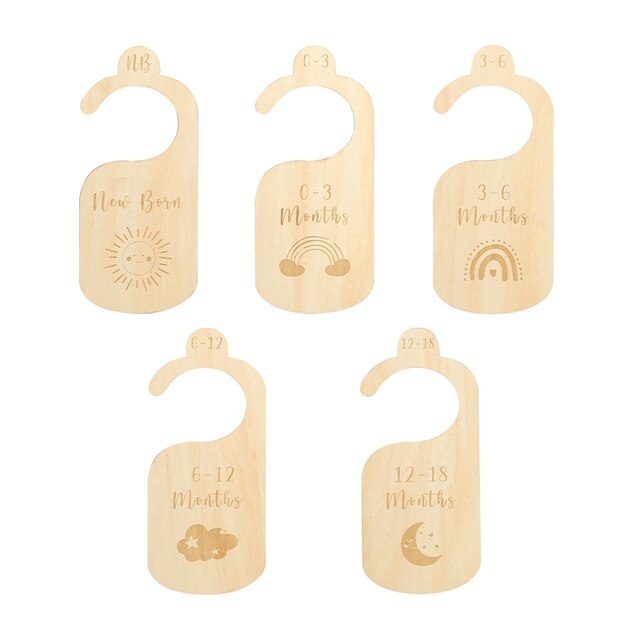 Baby wardrobe organizer: cartoon wooden dividers for separating infant and toddler clothing sizes