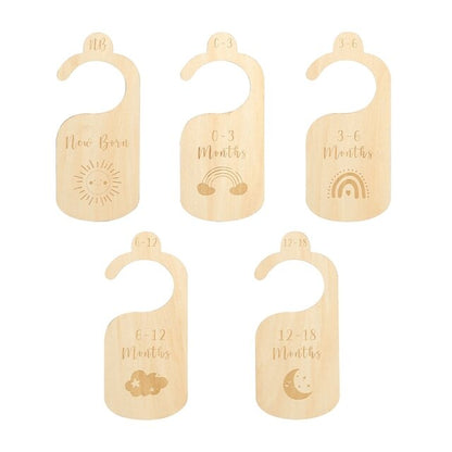 Baby wardrobe organizer: cartoon wooden dividers for separating infant and toddler clothing sizes