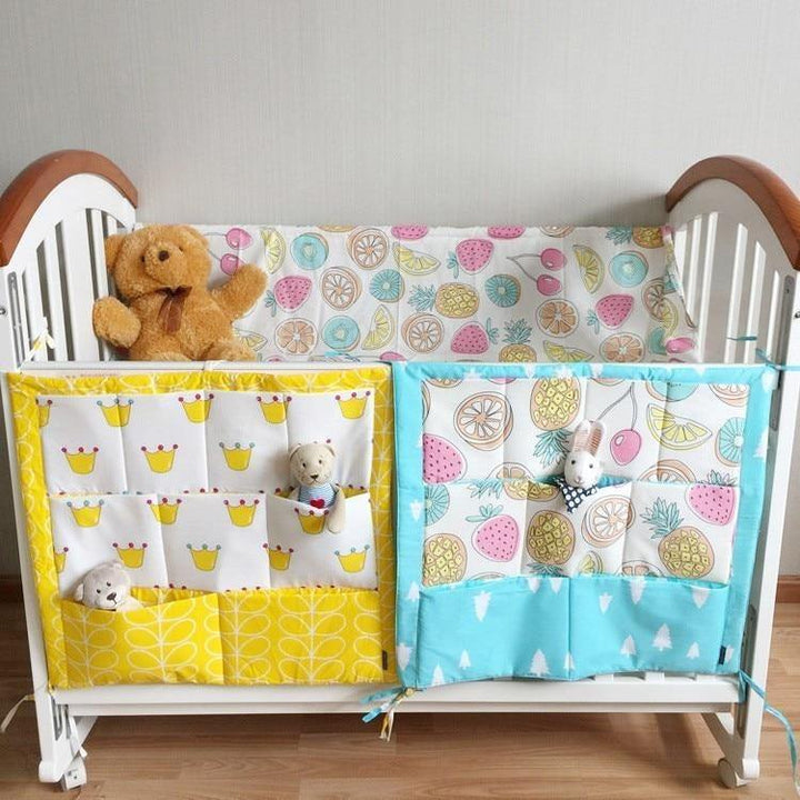 Soft cotton baby crib caddy, perfect for organizing diapers, creams, and essentials.