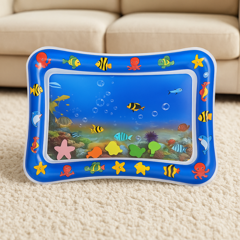 Baby on a colorful water play mat, splashing and engaging with floating toys for sensory development