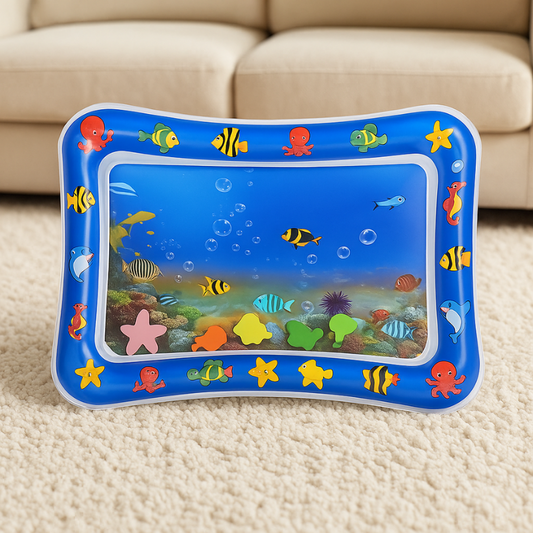 Baby on a colorful water play mat, splashing and engaging with floating toys for sensory development