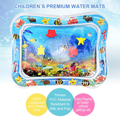 Angled view of the baby sensory water mat, filled with water and vibrant floating toy elements