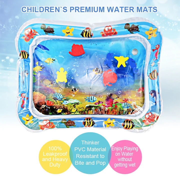 Angled view of the baby sensory water mat, filled with water and vibrant floating toy elements