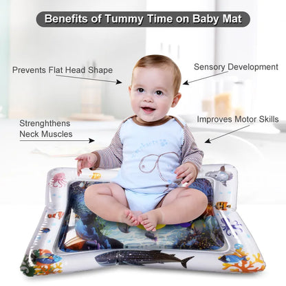Newborn exploring textures and colors on a comfortable, supportive tummy time water mat
