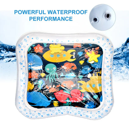 Empty inflatable baby water mat, highlighting its soft edges and easy inflation valve for use