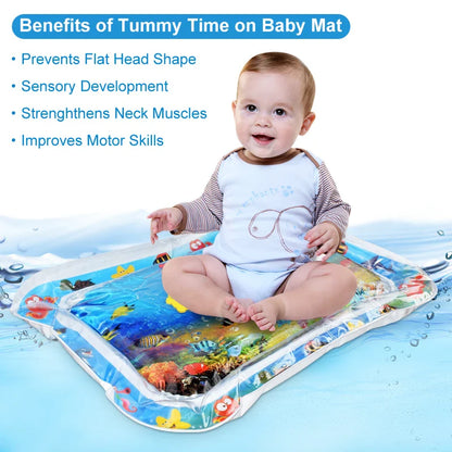 Close-up of baby interacting with floating toys inside sensory infant water mat for tummy time