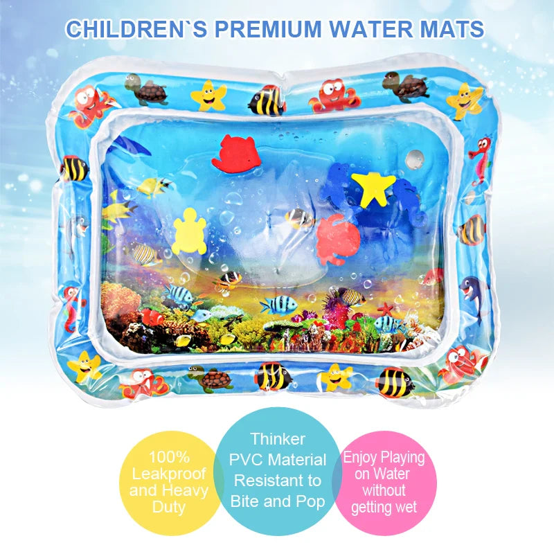 Side view of infant enjoying tummy time on soft, inflatable water mat, promoting motor skills