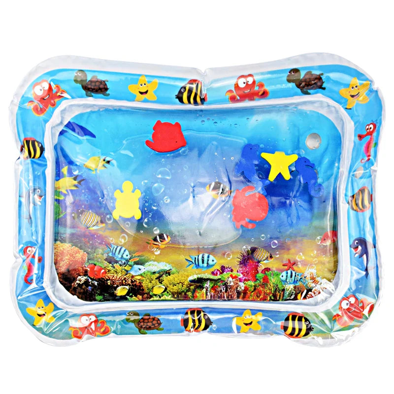 Portable baby activity water mat, deflated and folded, showing its compact travel-friendly design