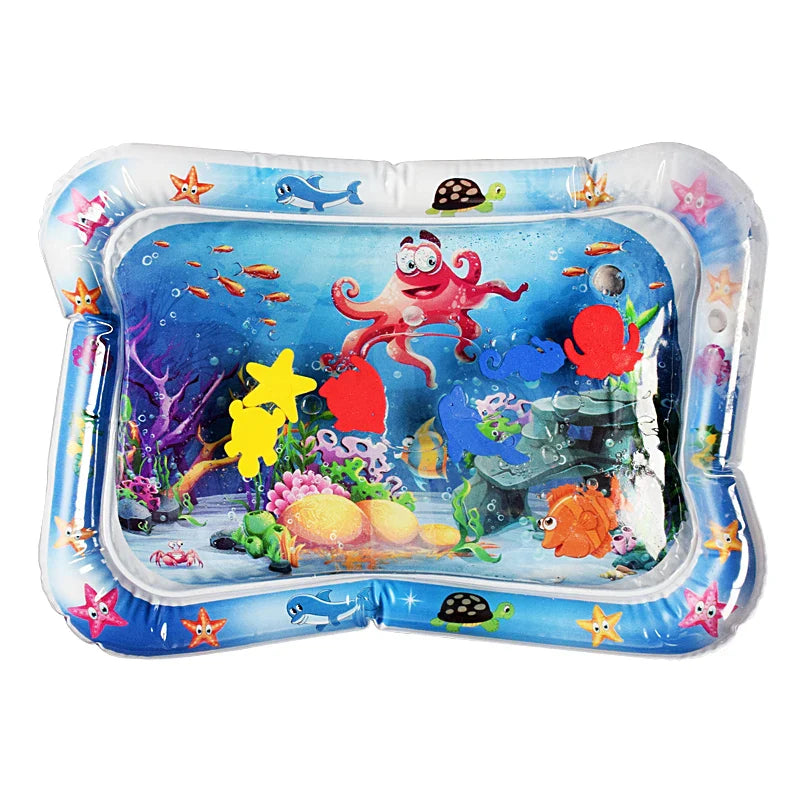 Detail of a friendly fish design floating inside the baby water mat, sensory play for infants