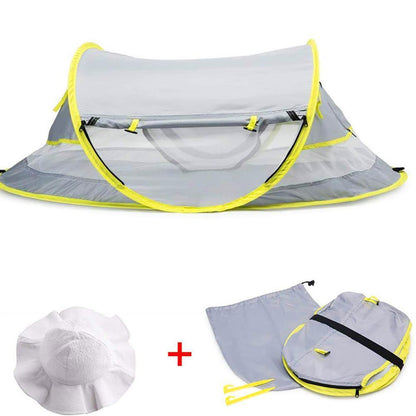 Portable playpen baby tent for beach or travel, offering sun protection and insect net.