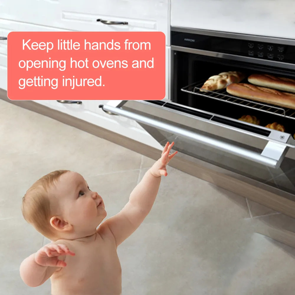 Oven lock for baby safety, secures kitchen appliances, durable plastic design