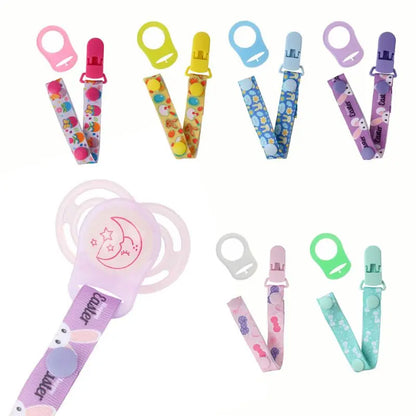 Baby pacifier clip set with pink MAM ring adapter, anti-drop soother holder for infants.