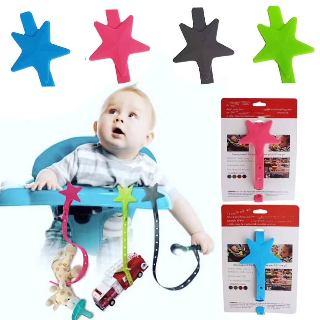 Collection of colorful baby pacifier teether chain holders, infant essentials